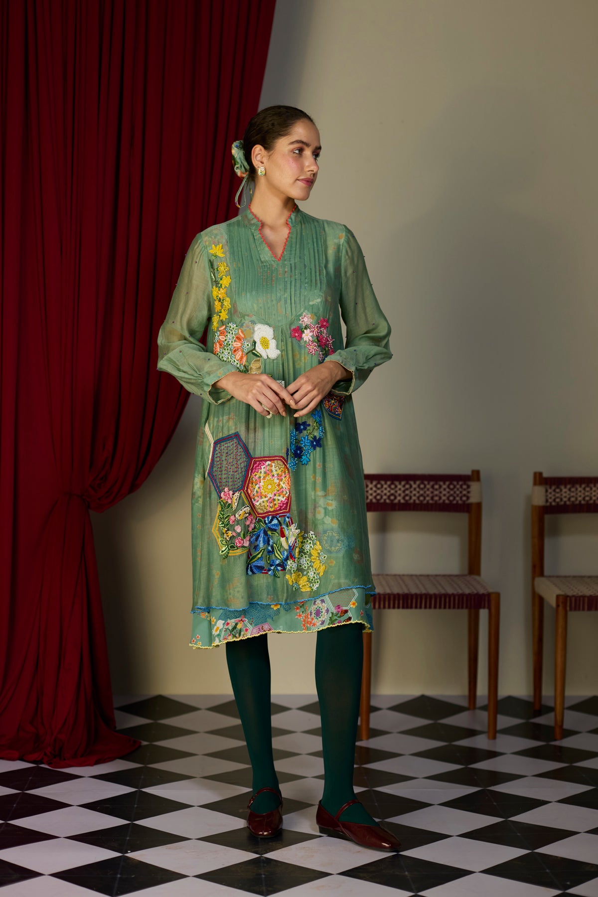 slim fit dress slacks KJP Women's Verdant Garden Floaral Pattern Dress in Green and White – Kiel  James Patrick