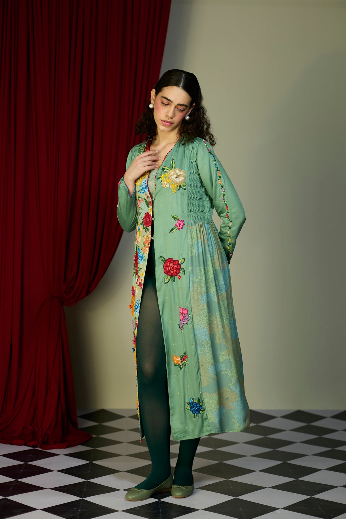 Verdant Green Floral Beaded Tunic