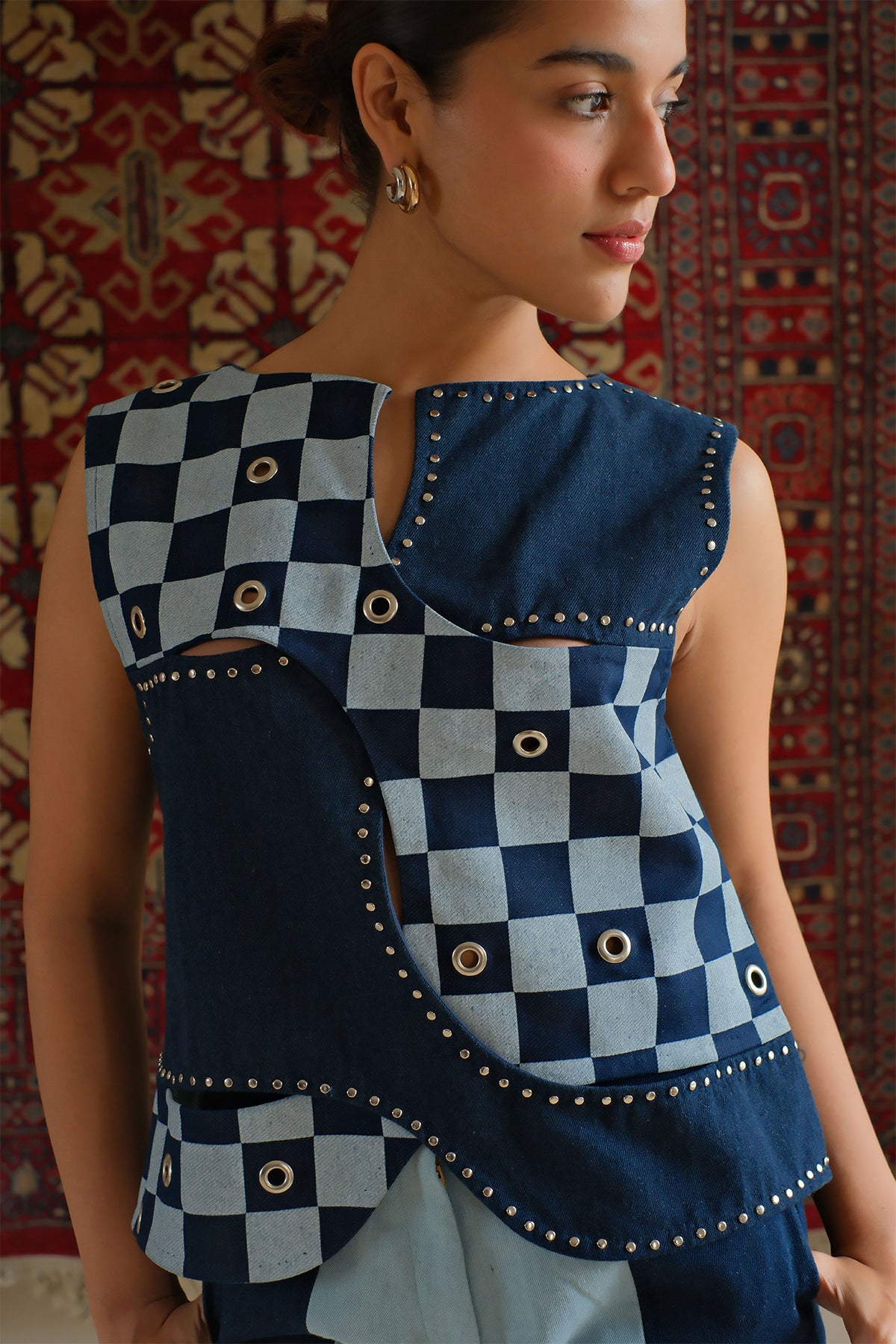 Navy Blue Checkered Top
