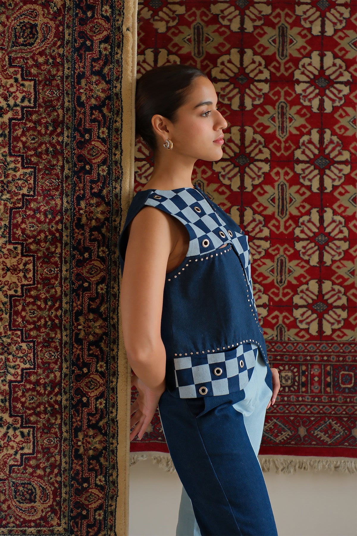 Navy Blue Checkered Top