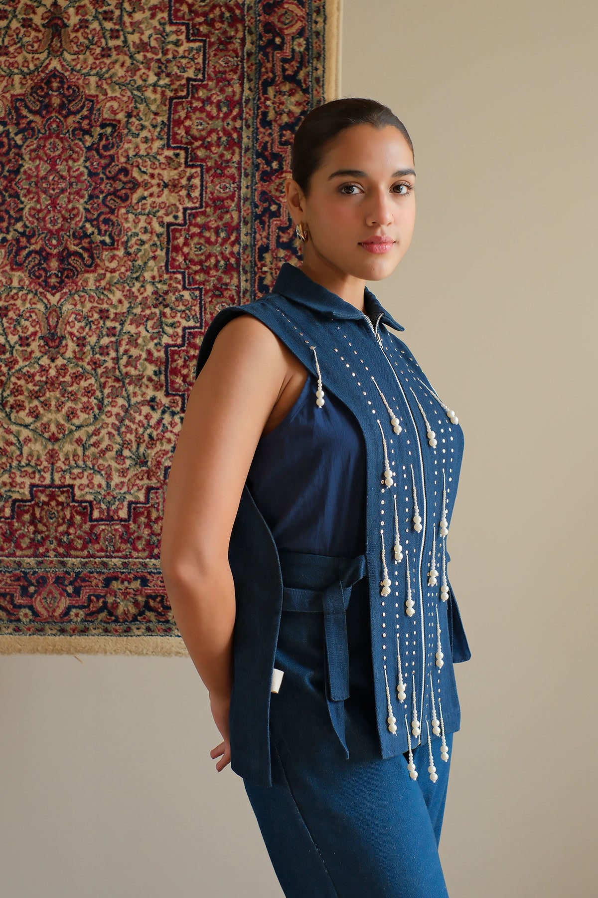Navy Blue Beaded Denim Jacket