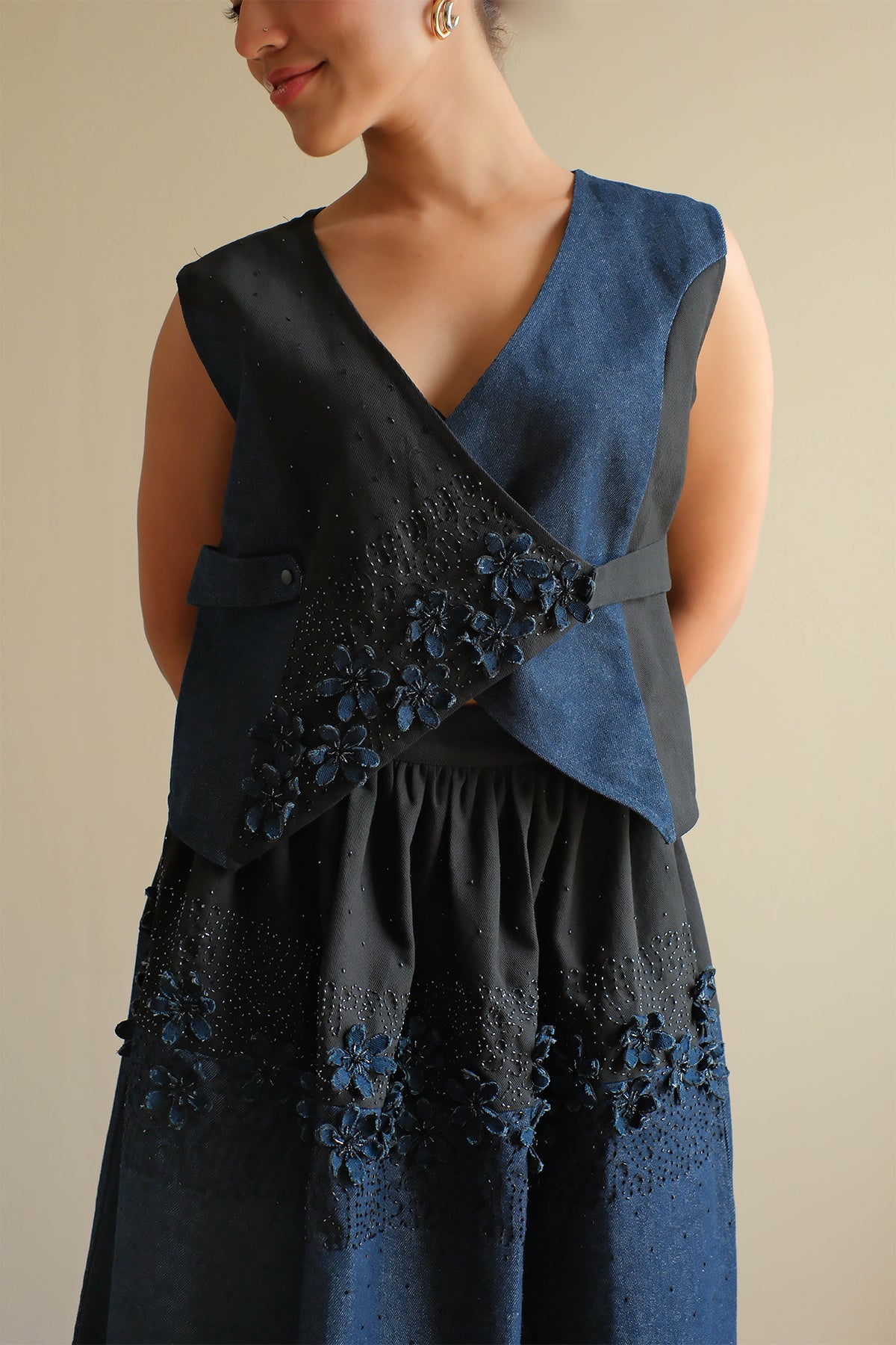 Navy Blue Floral Denim Top
