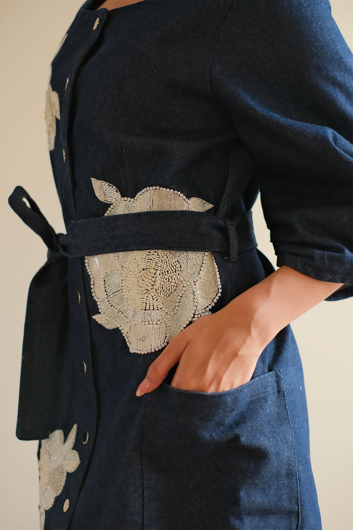 Navy Blue Denim Floral Dress