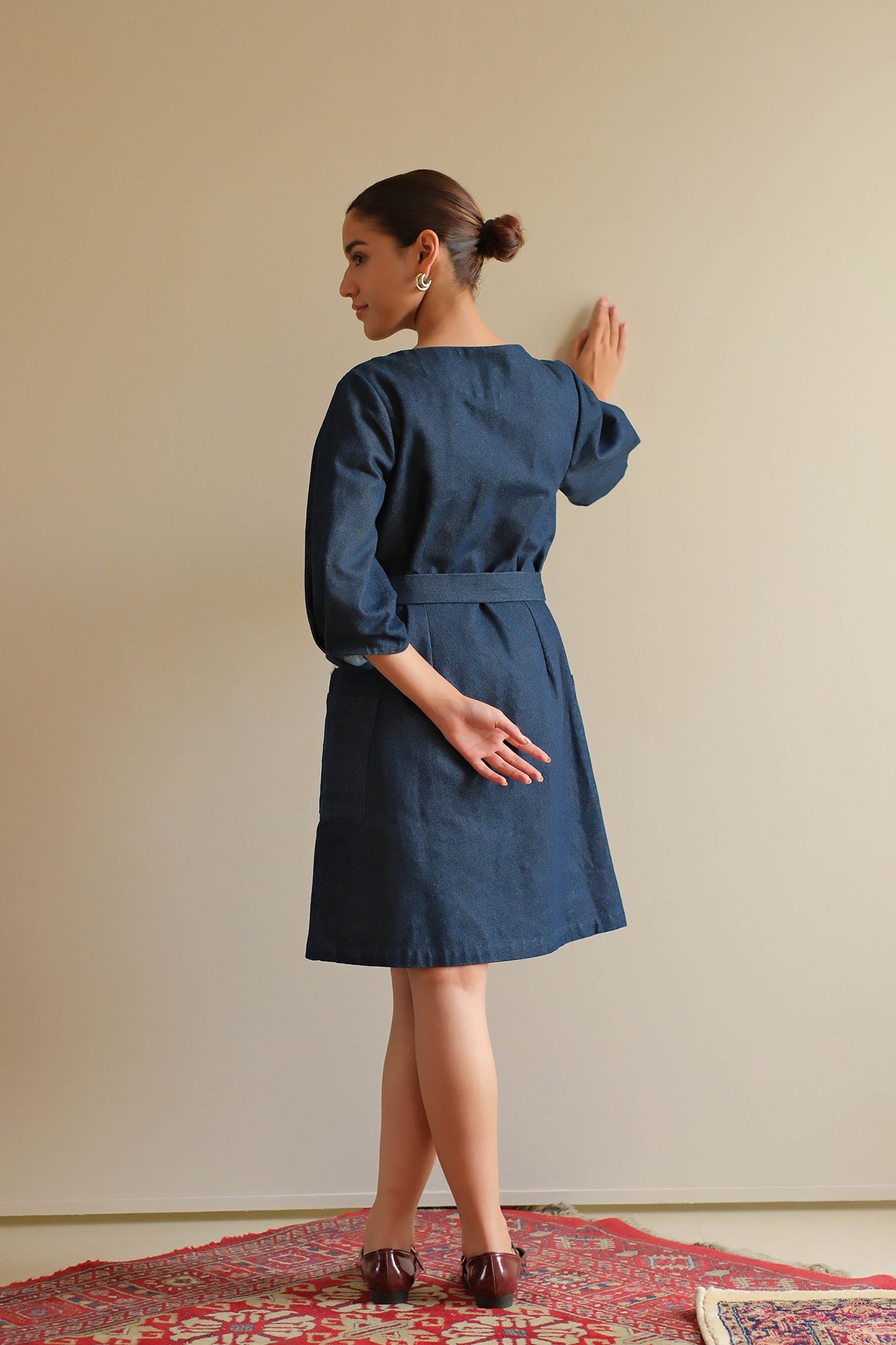 Navy Blue Denim Floral Dress