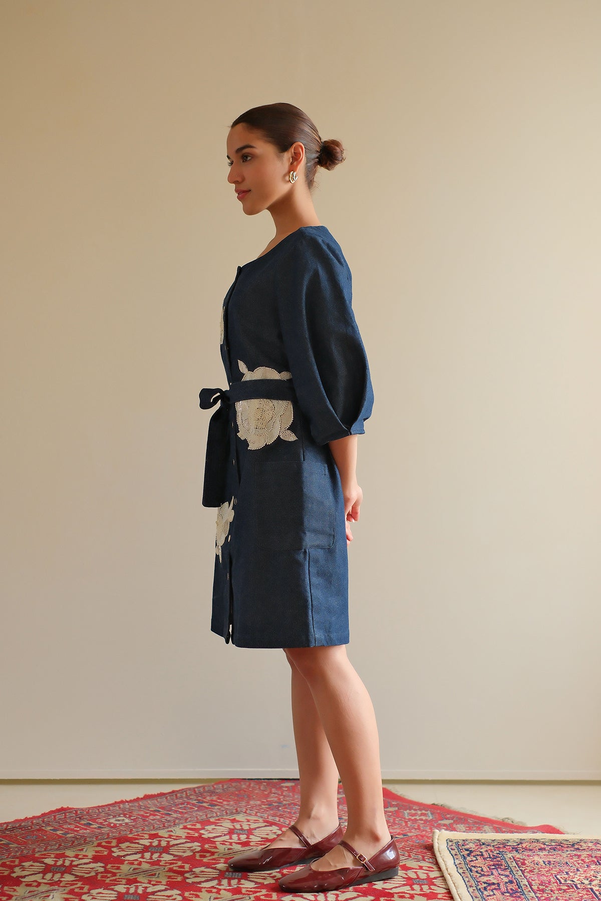 Navy Blue Denim Floral Dress