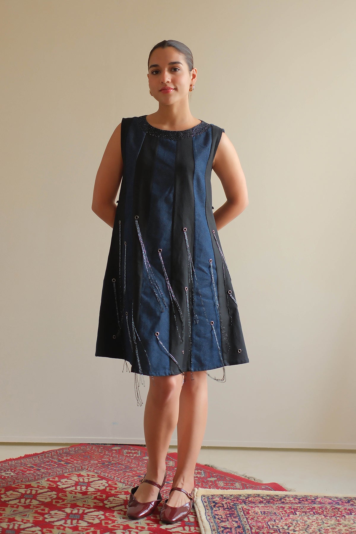Navy Blue Panelled Denim Dress