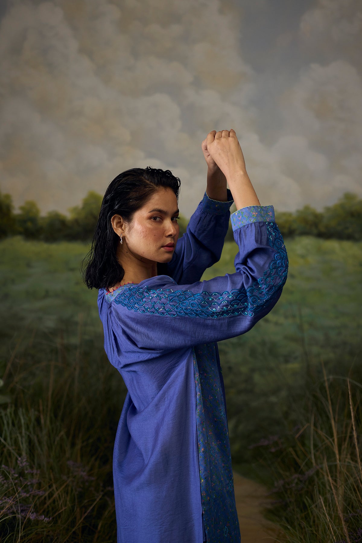 Mystic blue embroidered top