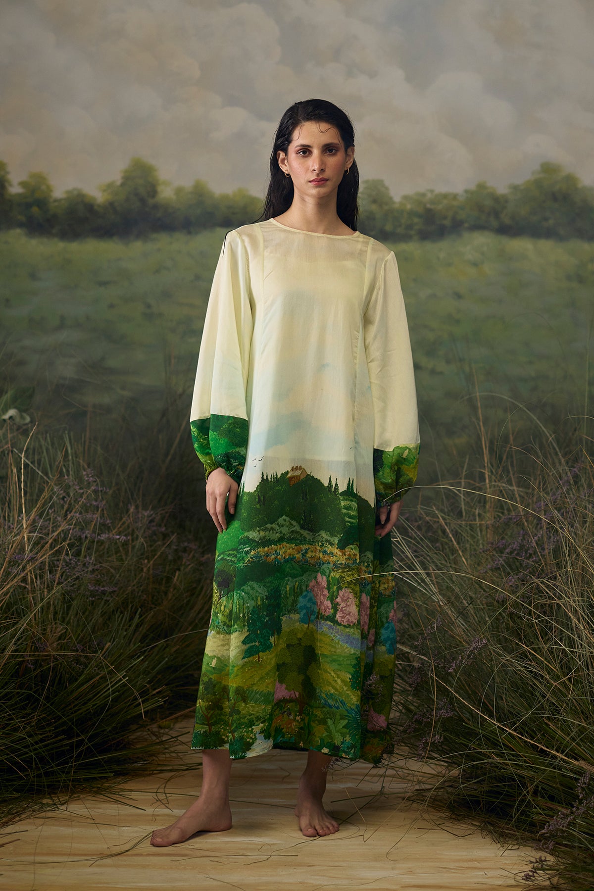 Tree Fern Fern Print Dress Blue Green Printed Cotton Dress