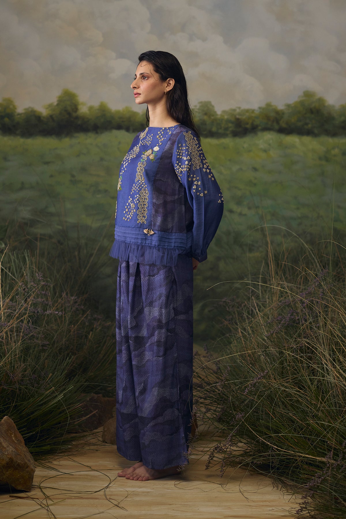 Mystic blue embroidered top