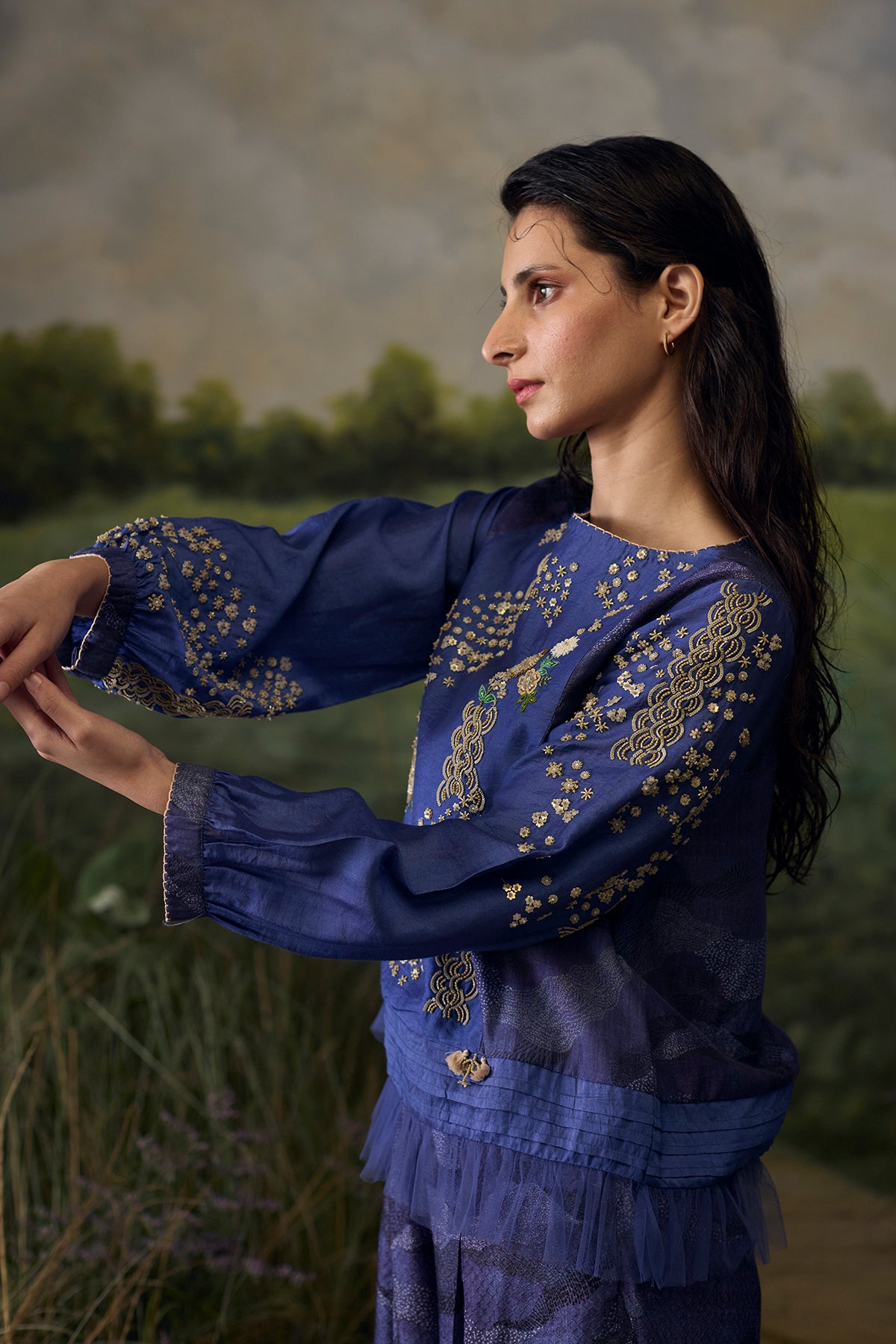 Mystic blue embroidered top