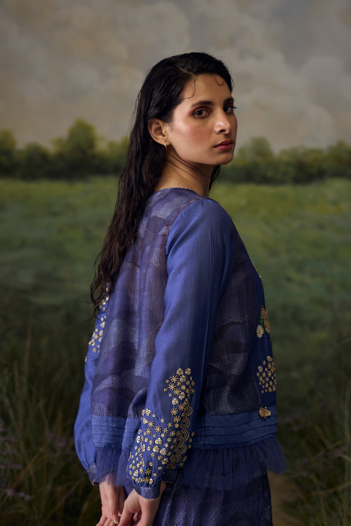 Mystic blue embroidered top