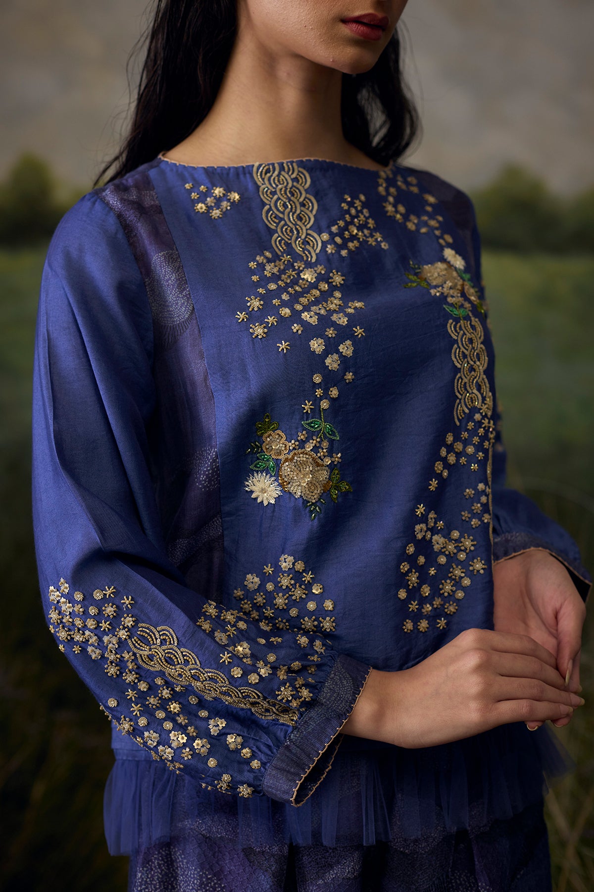 Mystic blue embroidered top