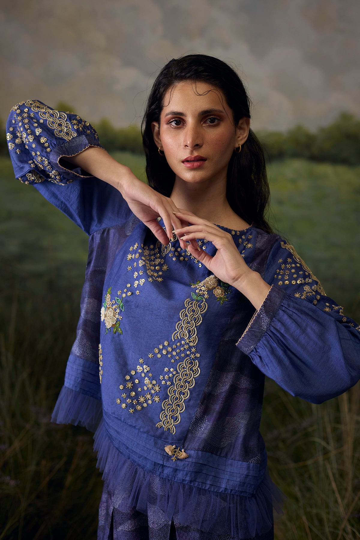 Mystic blue embroidered top