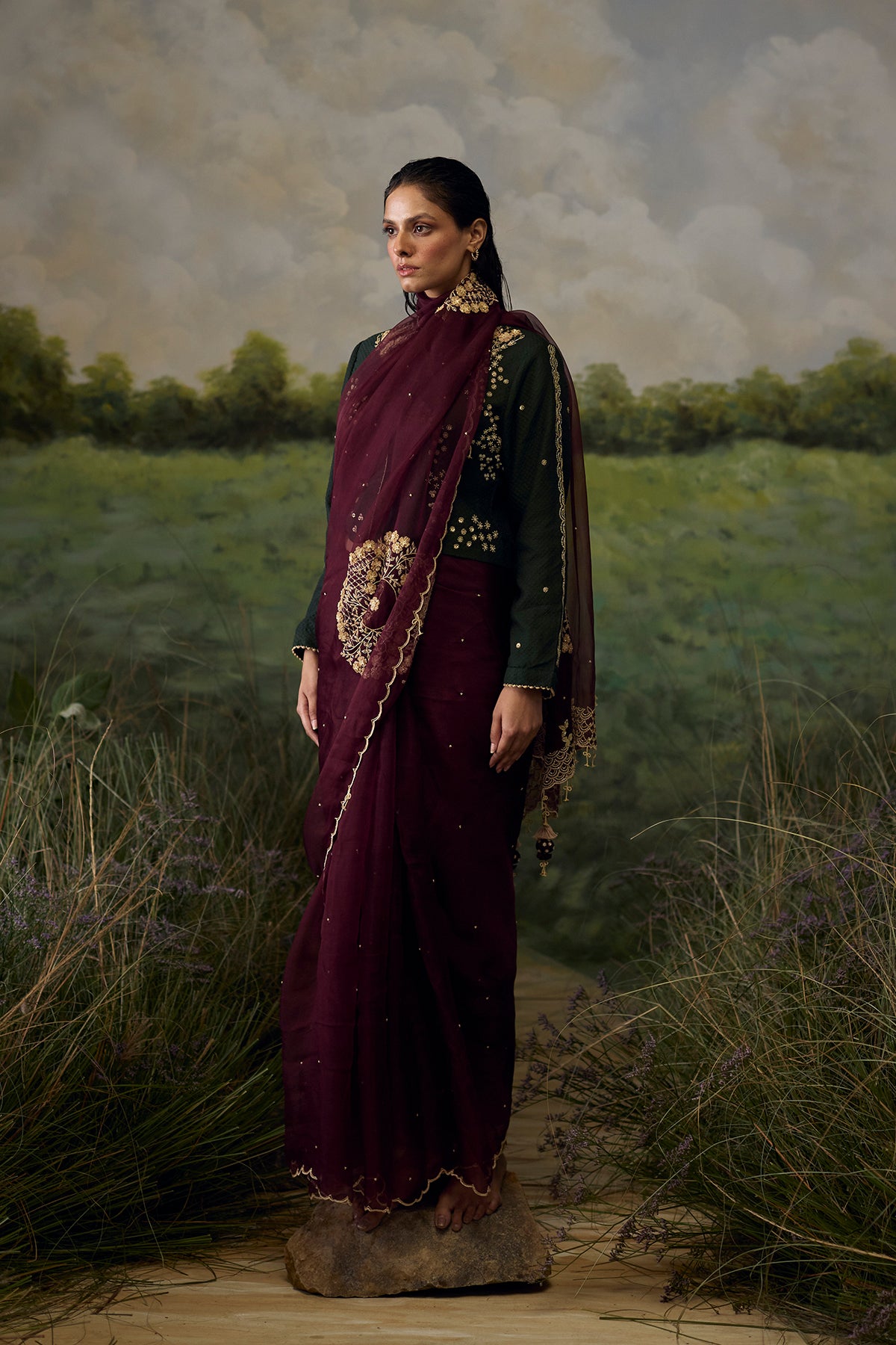 Crimson embroidered saree