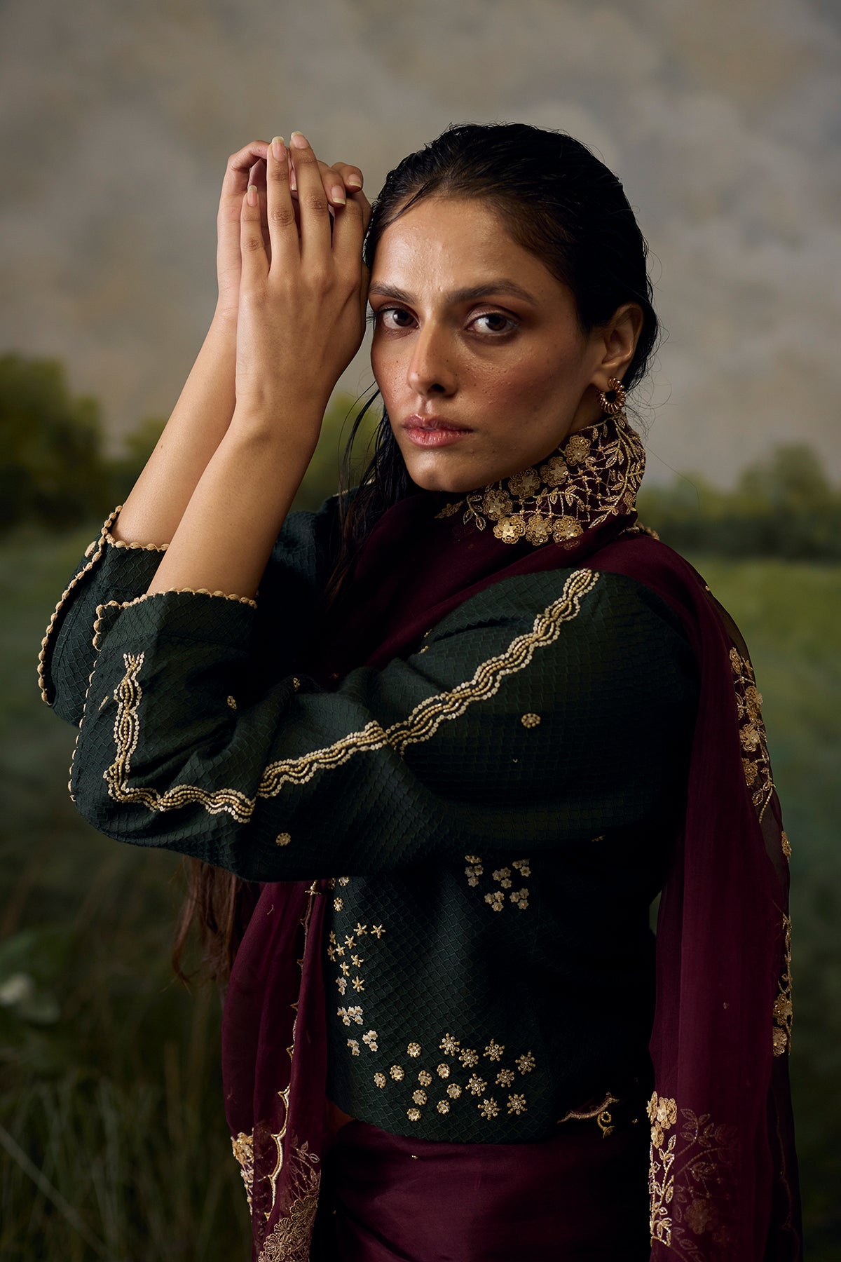 Crimson embroidered saree
