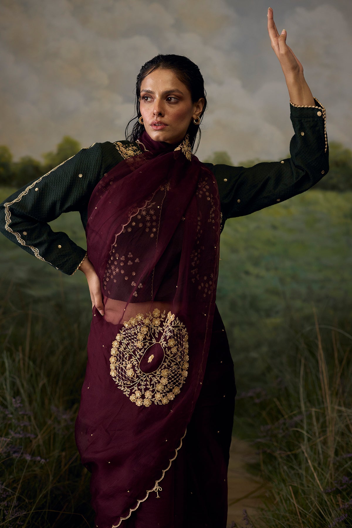 Crimson embroidered saree