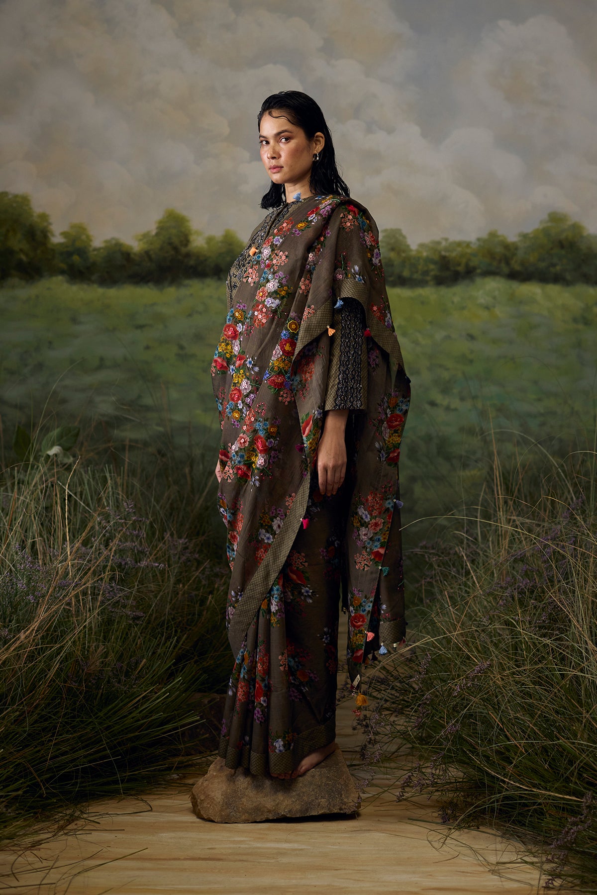 Dusty grey floral saree