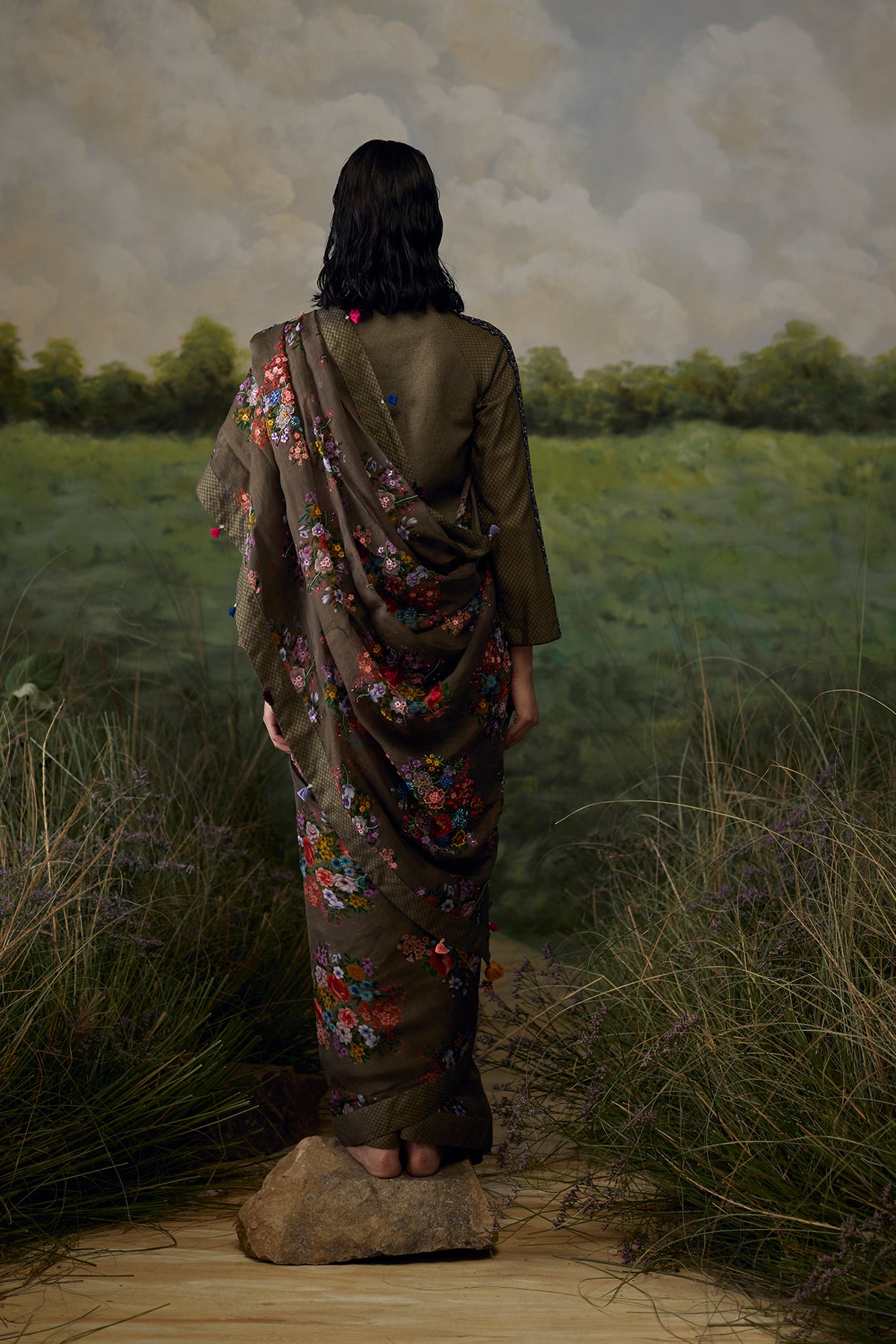 Dusty grey floral saree