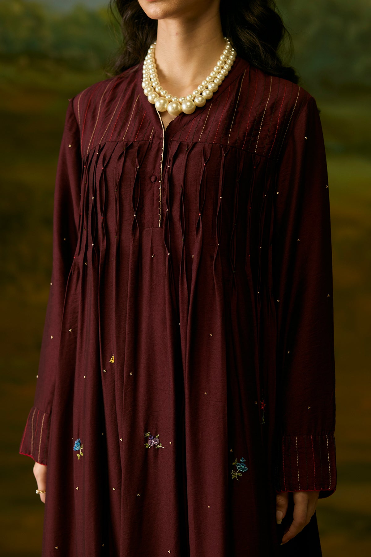 Crimson smocked kurta