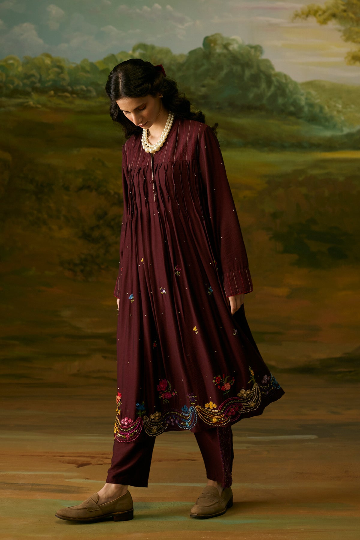 Crimson smocked kurta