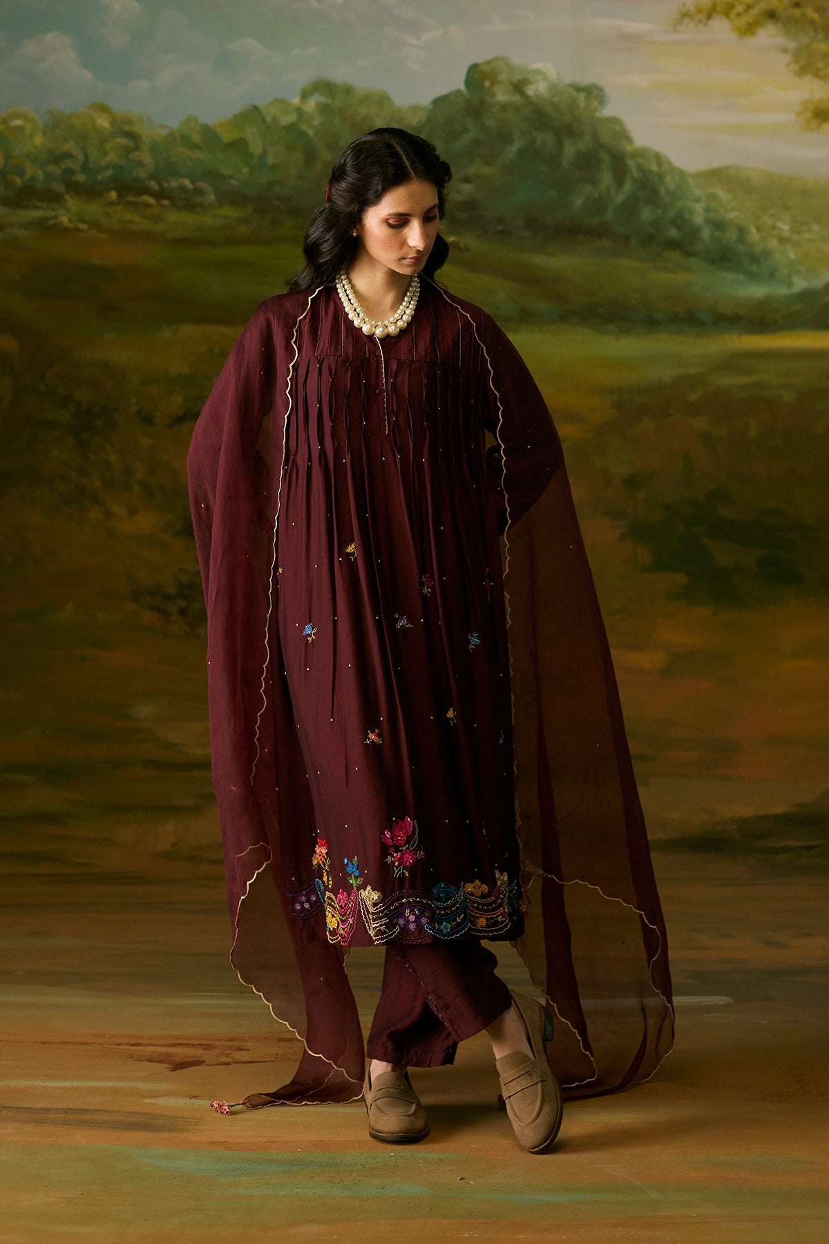 Crimson smocked kurta