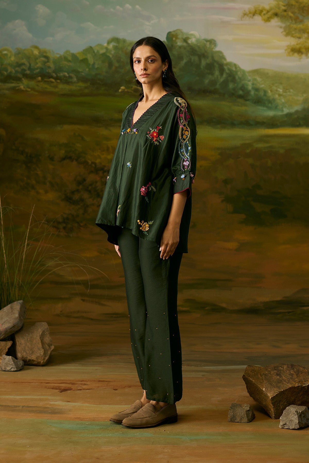 forest green embroidered top