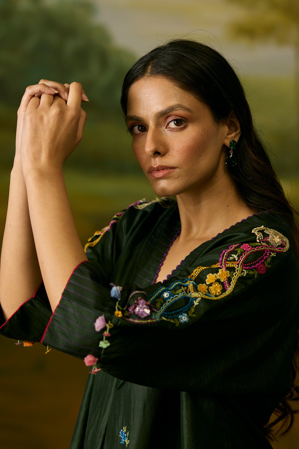 forest green embroidered top