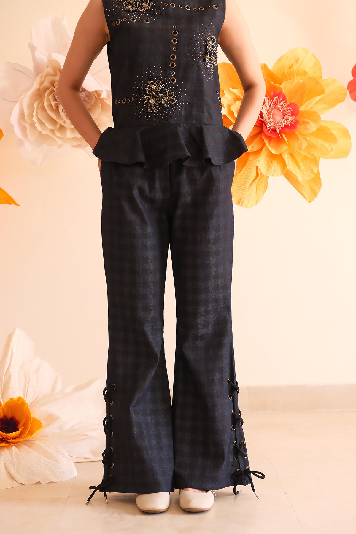 Midnight Blue Floral Checkered Top