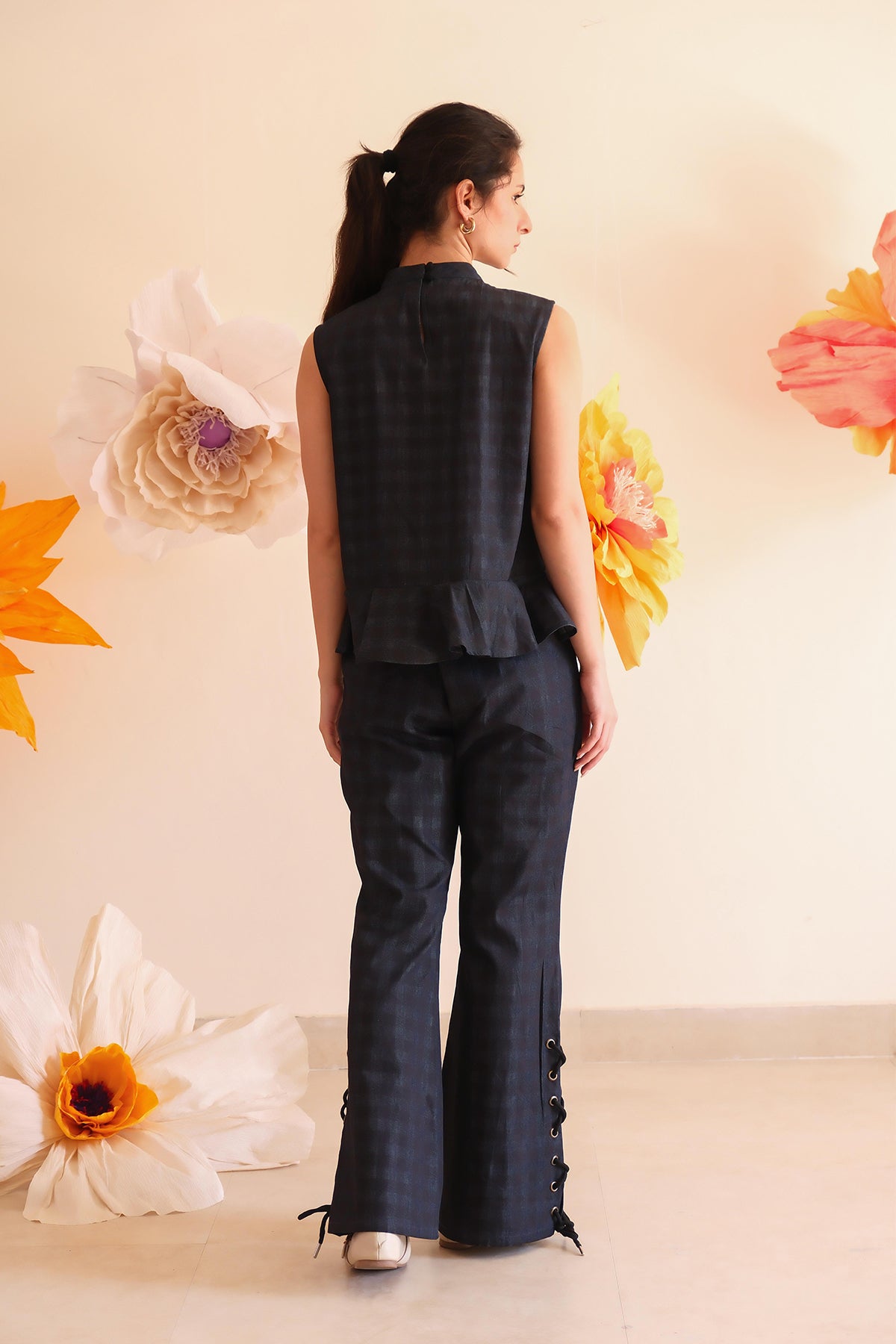 Midnight Blue Floral Checkered Top