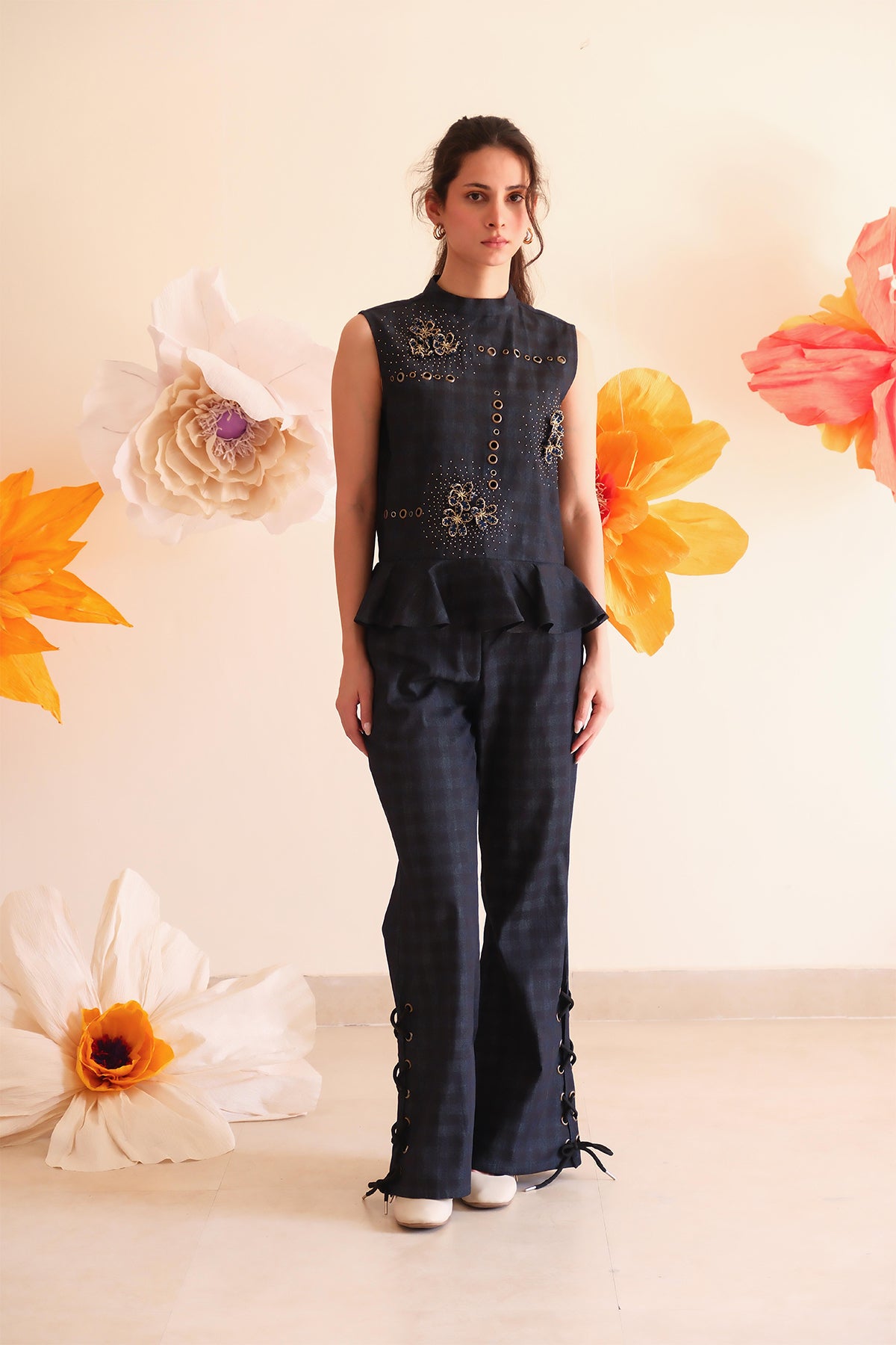 Midnight Blue Floral Checkered Top