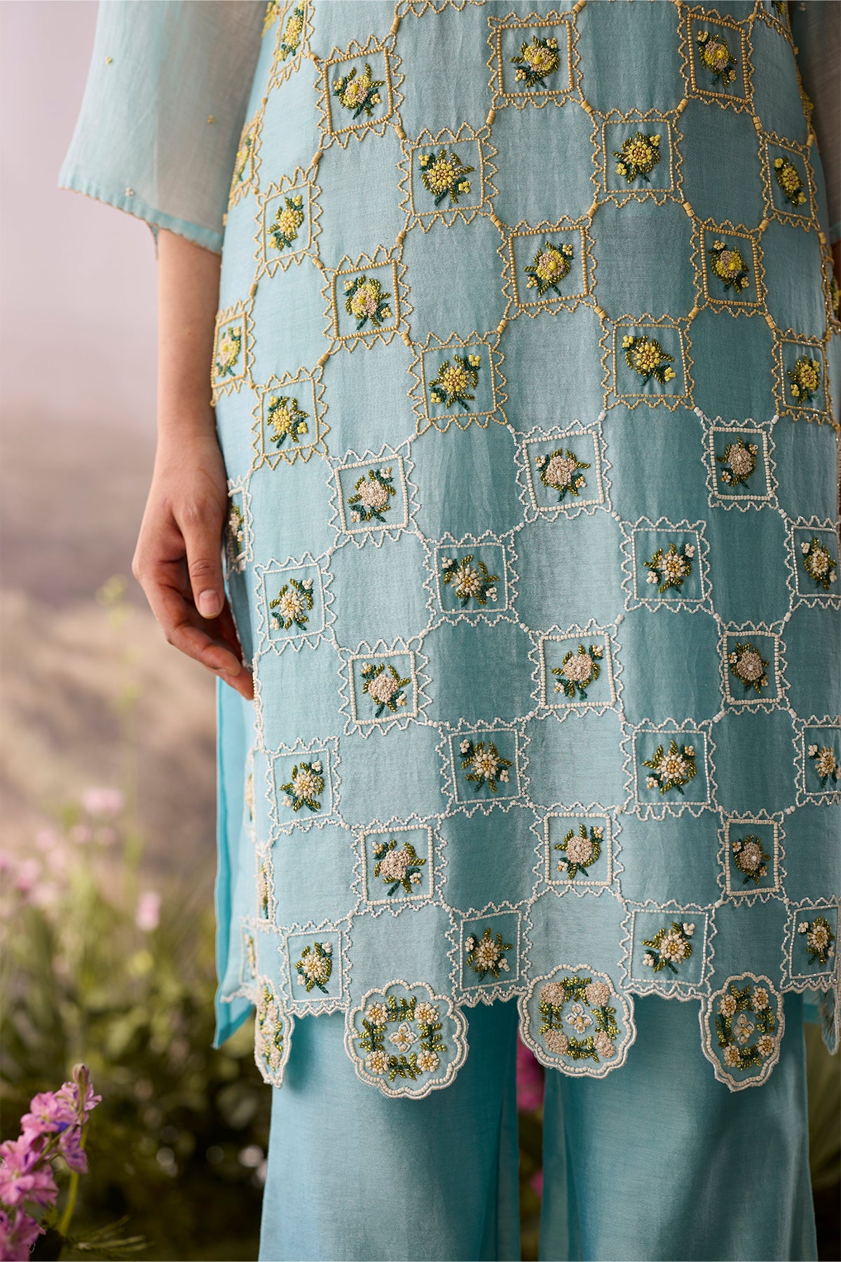 Azure Beaded Checkered Kurta