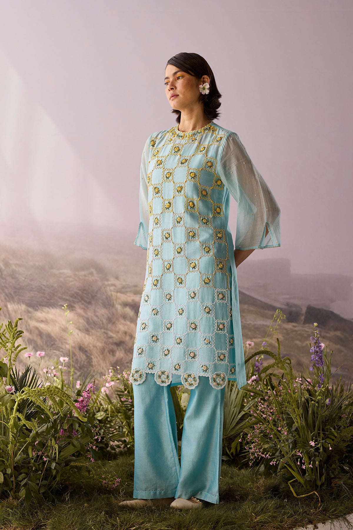 Azure Beaded Checkered Kurta