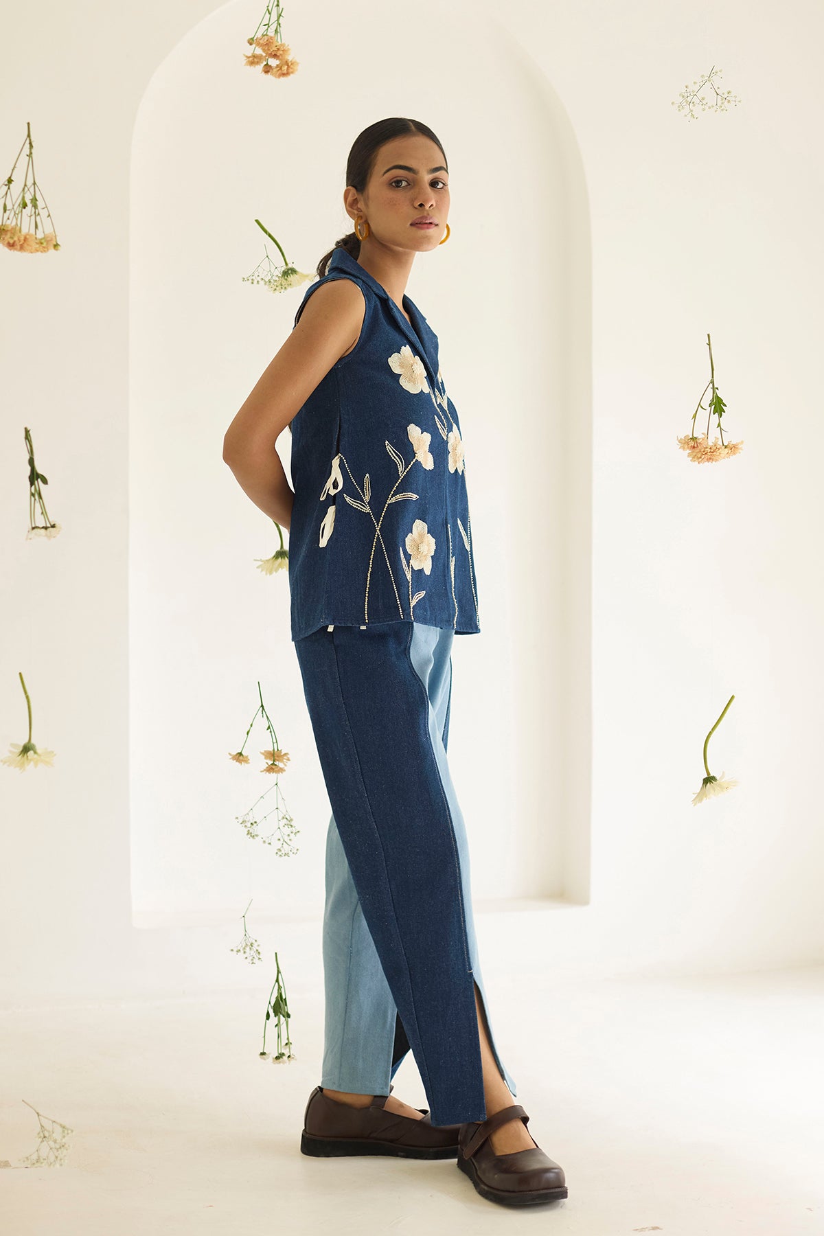 Navy Blue Floral Denim Jacket