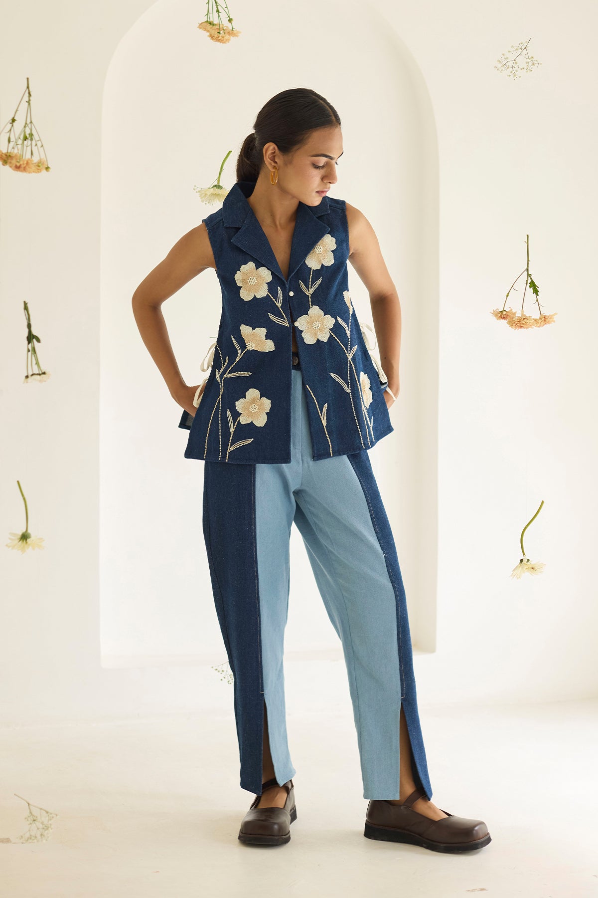 Navy Blue Floral Denim Jacket