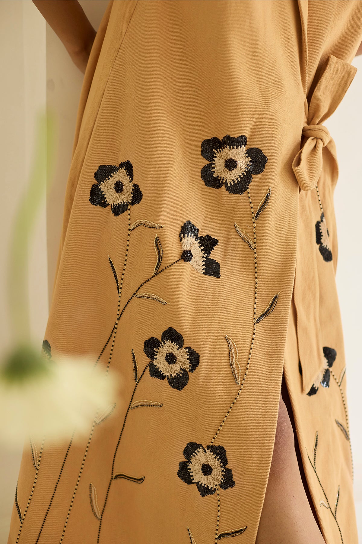 Sand Floral Wrap Denim Dress