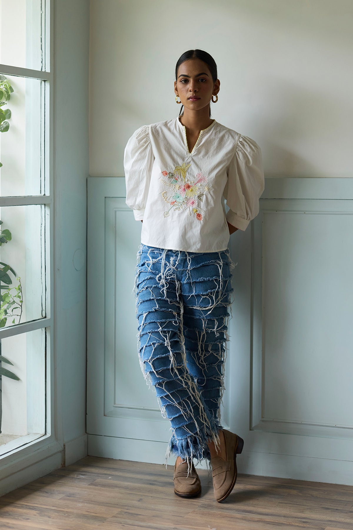 White Embroidered Cropped Top