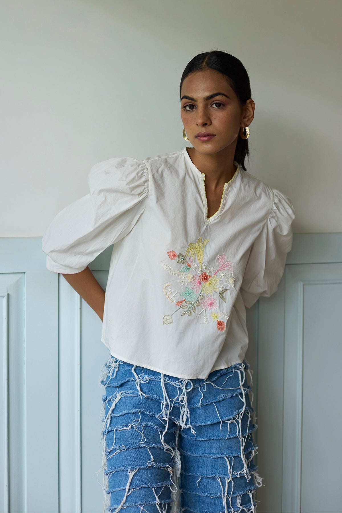 White Embroidered Cropped Top