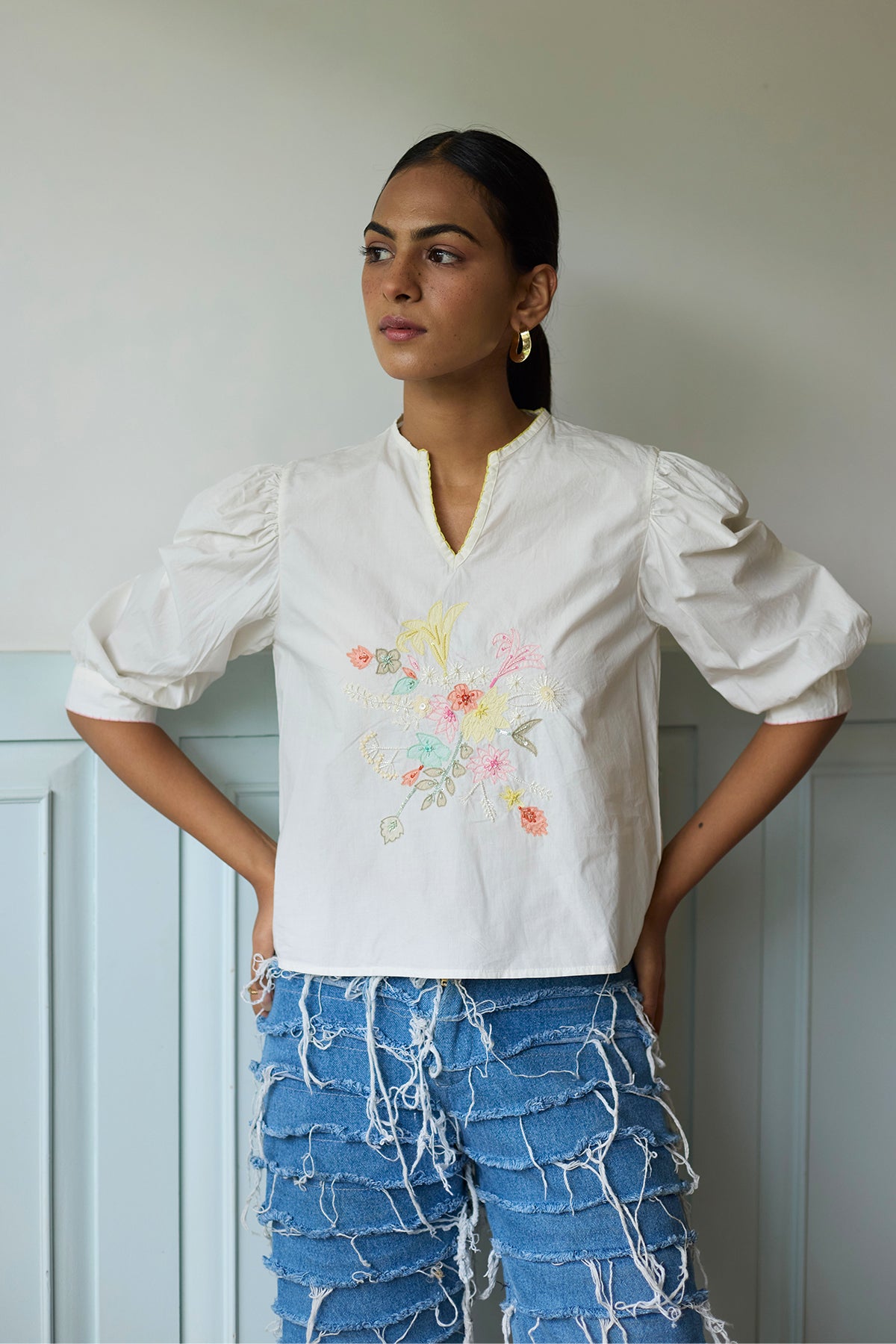 White Embroidered Cropped Top