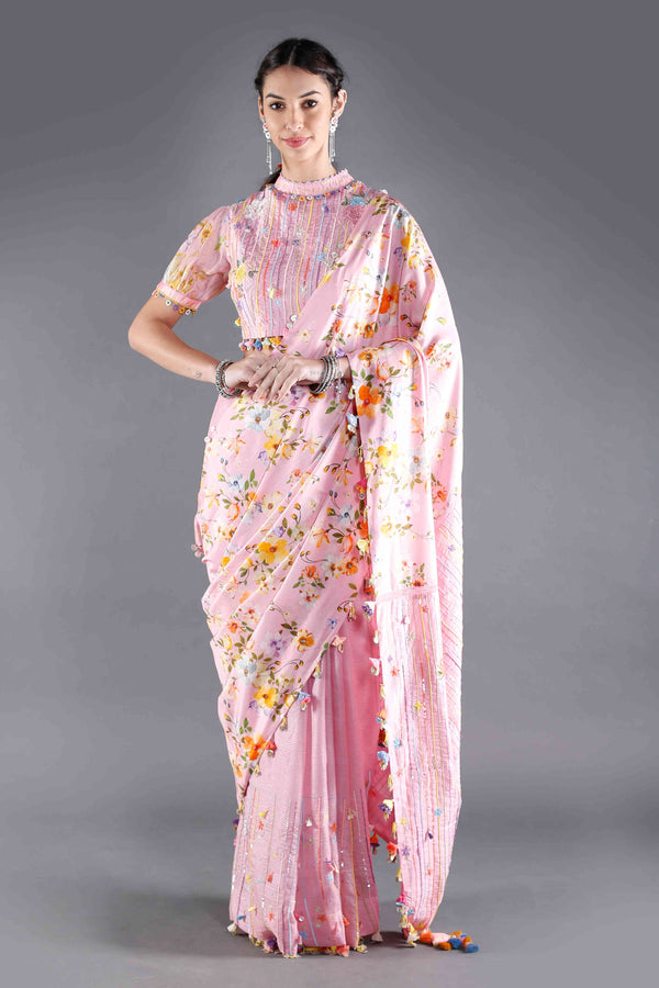 Gulaab Pink Floral Silk Saree