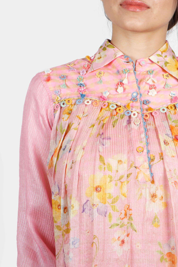 Pink Floral Field Pleated Long Top