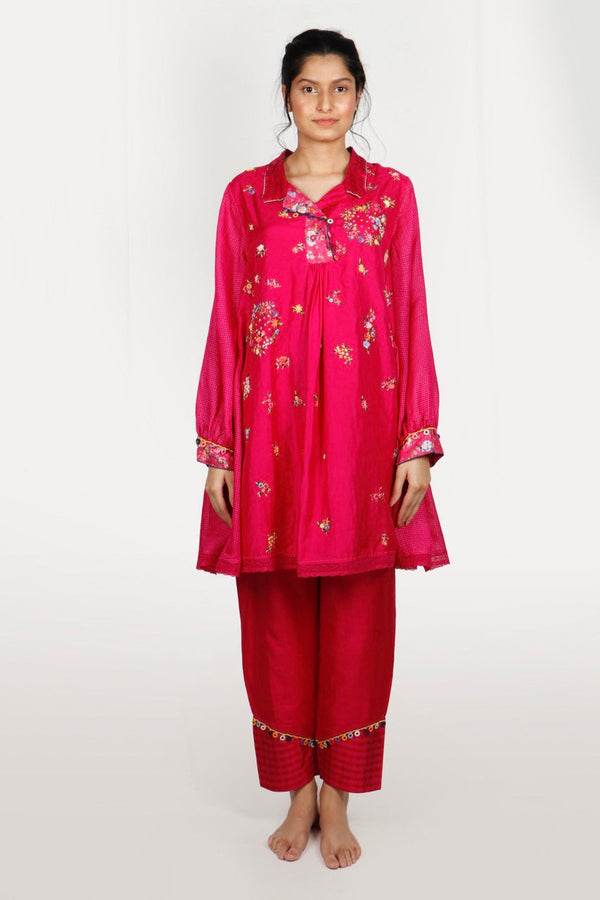 Rani Pink Embroidered Silk Kameez Set