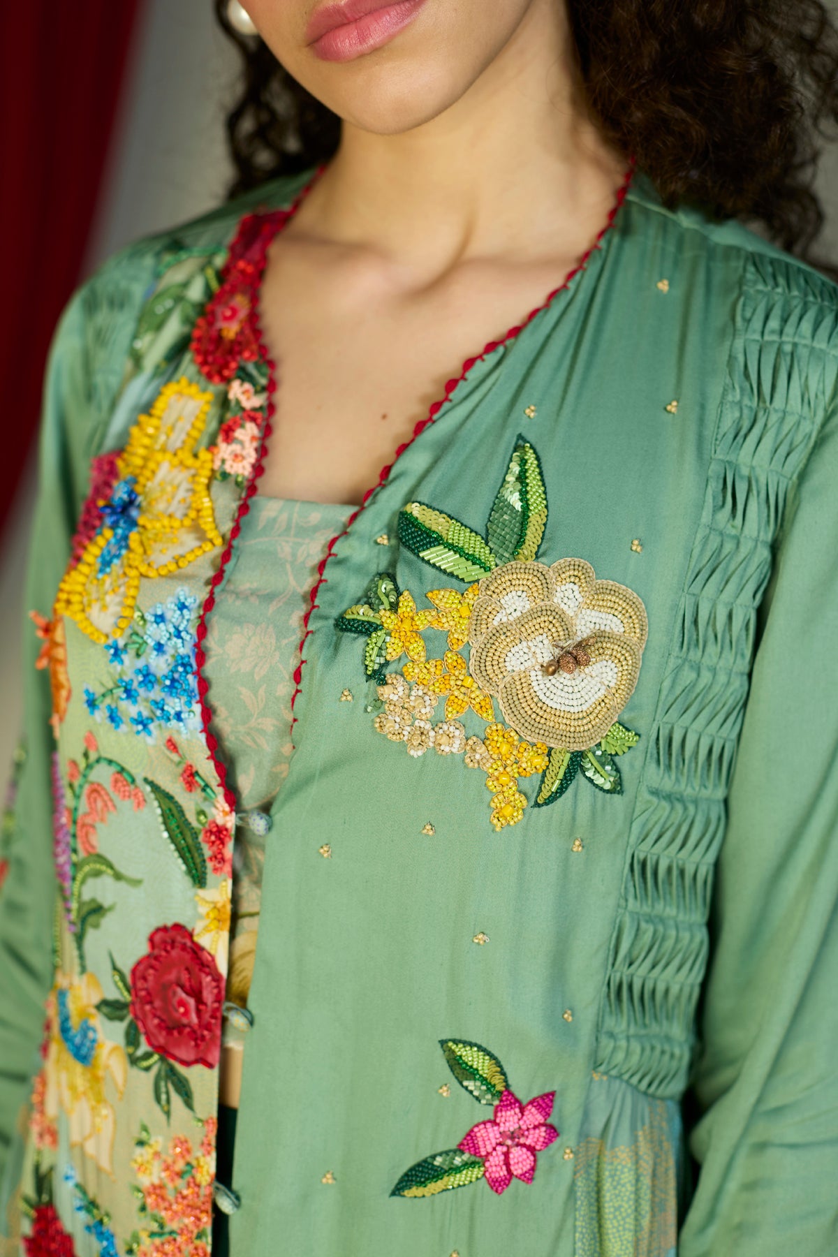 Verdant Green Floral Beaded Tunic