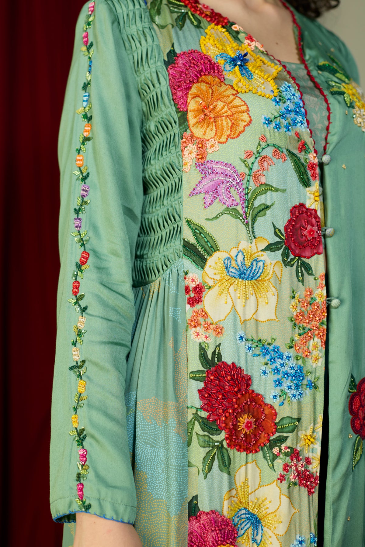 Verdant Green Floral Beaded Tunic