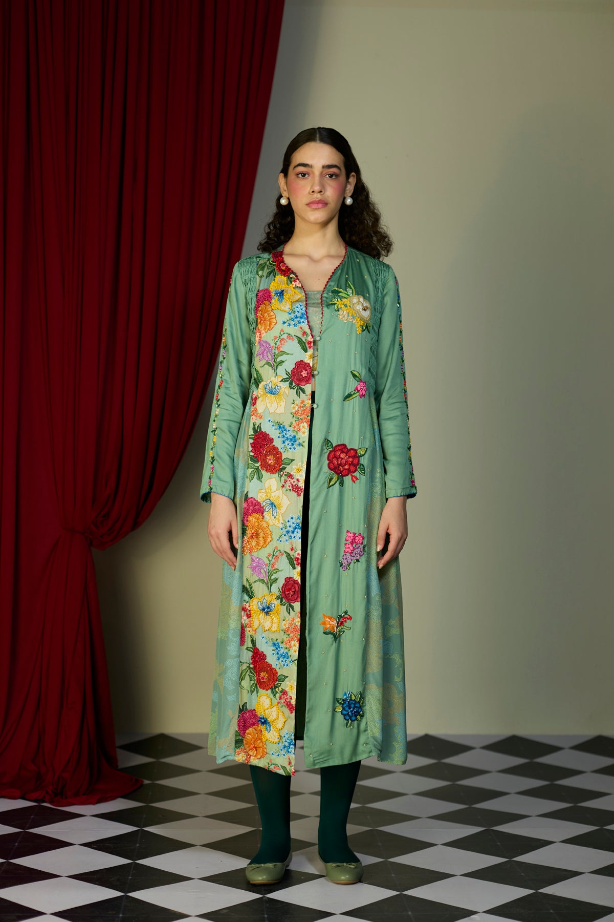 Verdant Green Floral Beaded Tunic