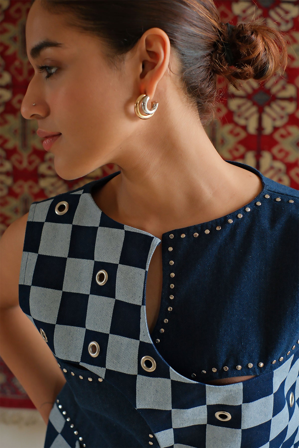 Navy Blue Checkered Top