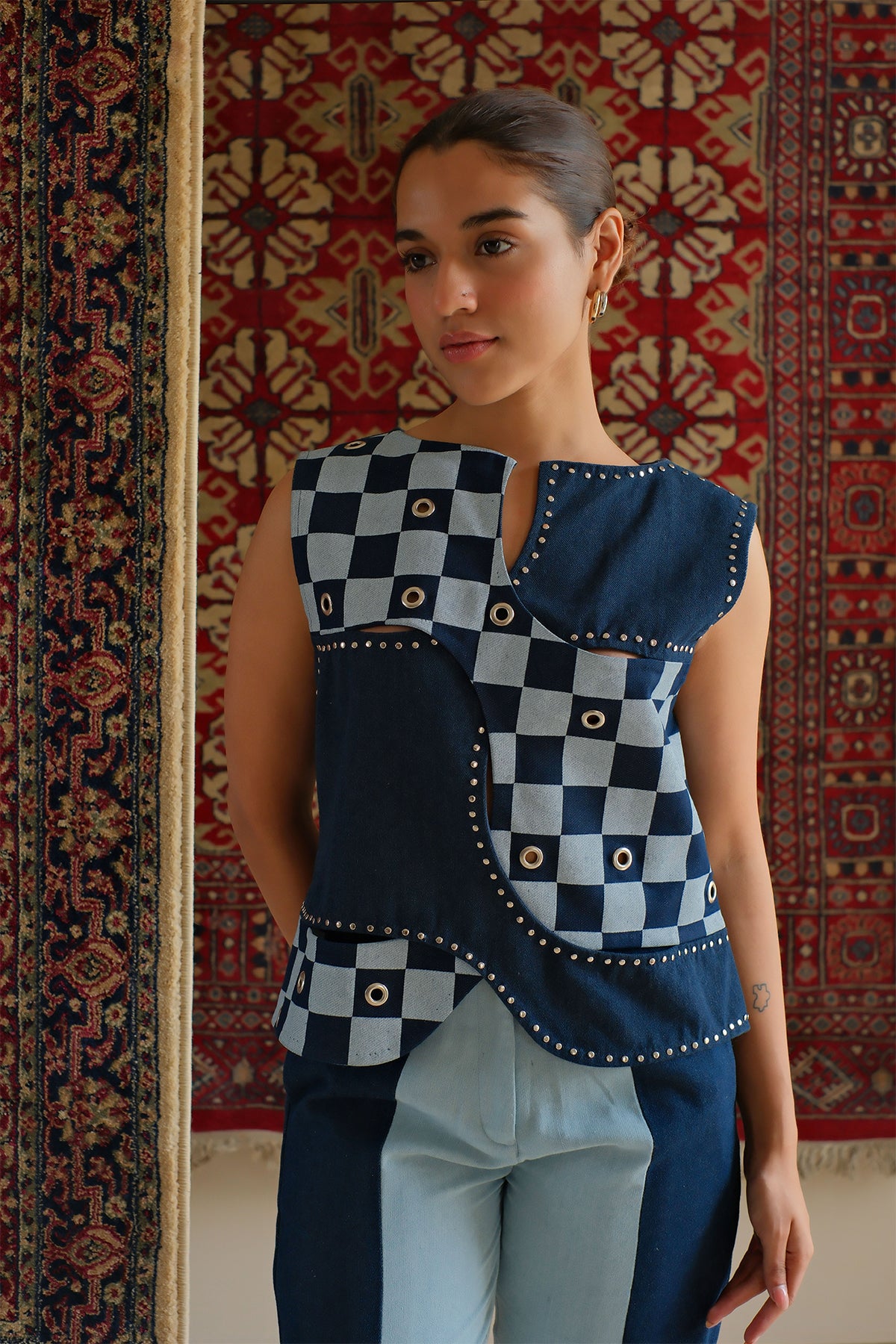 Navy Blue Checkered Top
