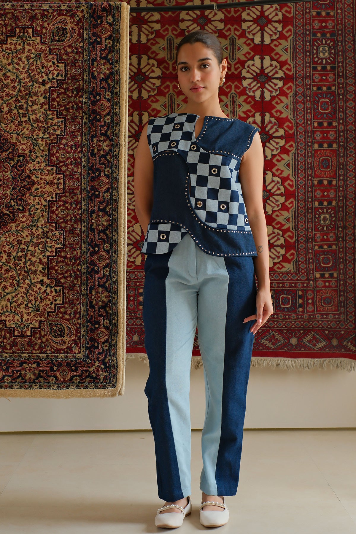 Navy Blue Checkered Top