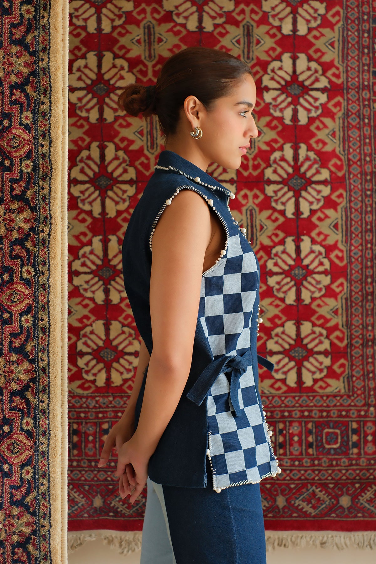 Navy Blue Checkered Denim Jacket
