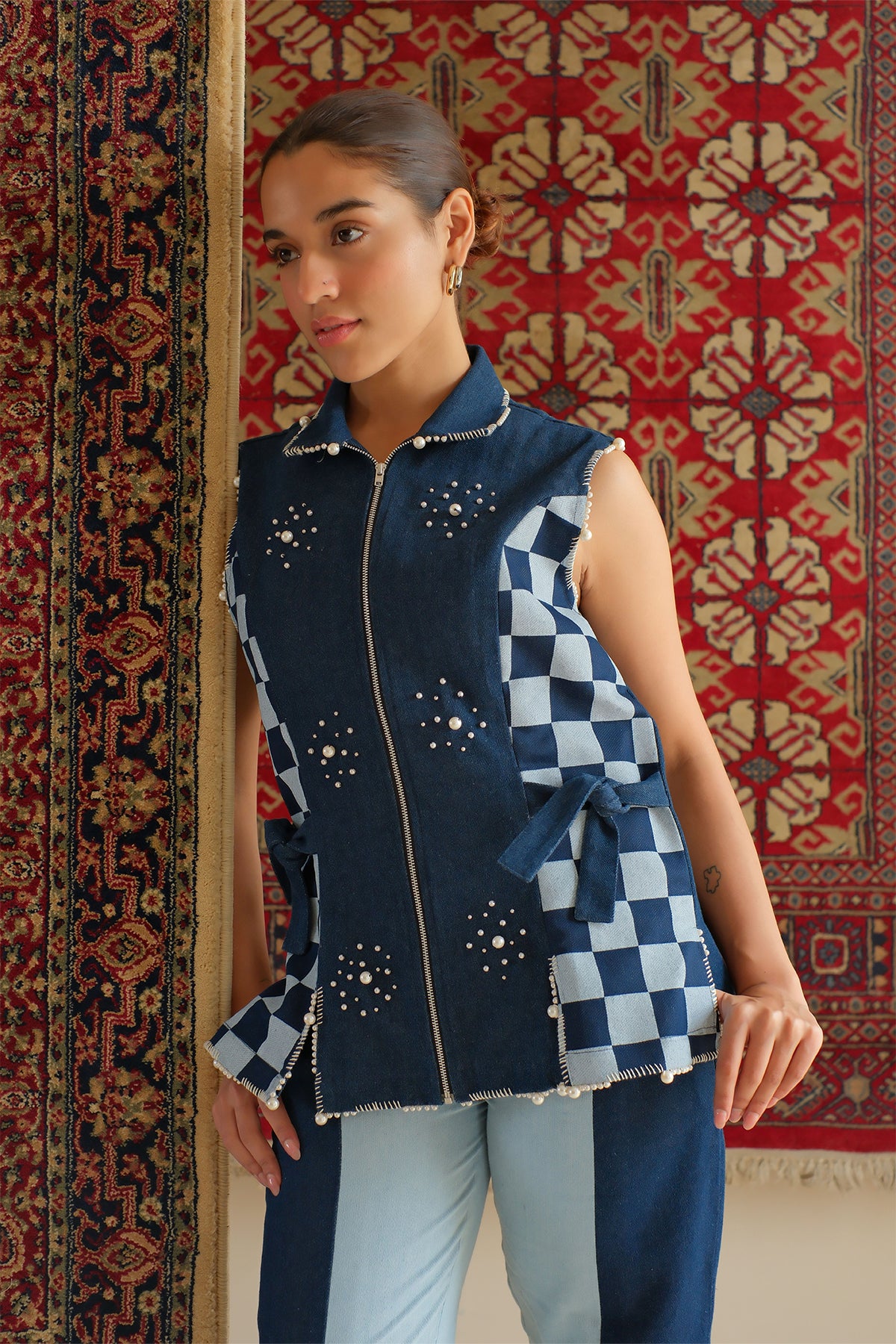 Navy Blue Checkered Denim Jacket