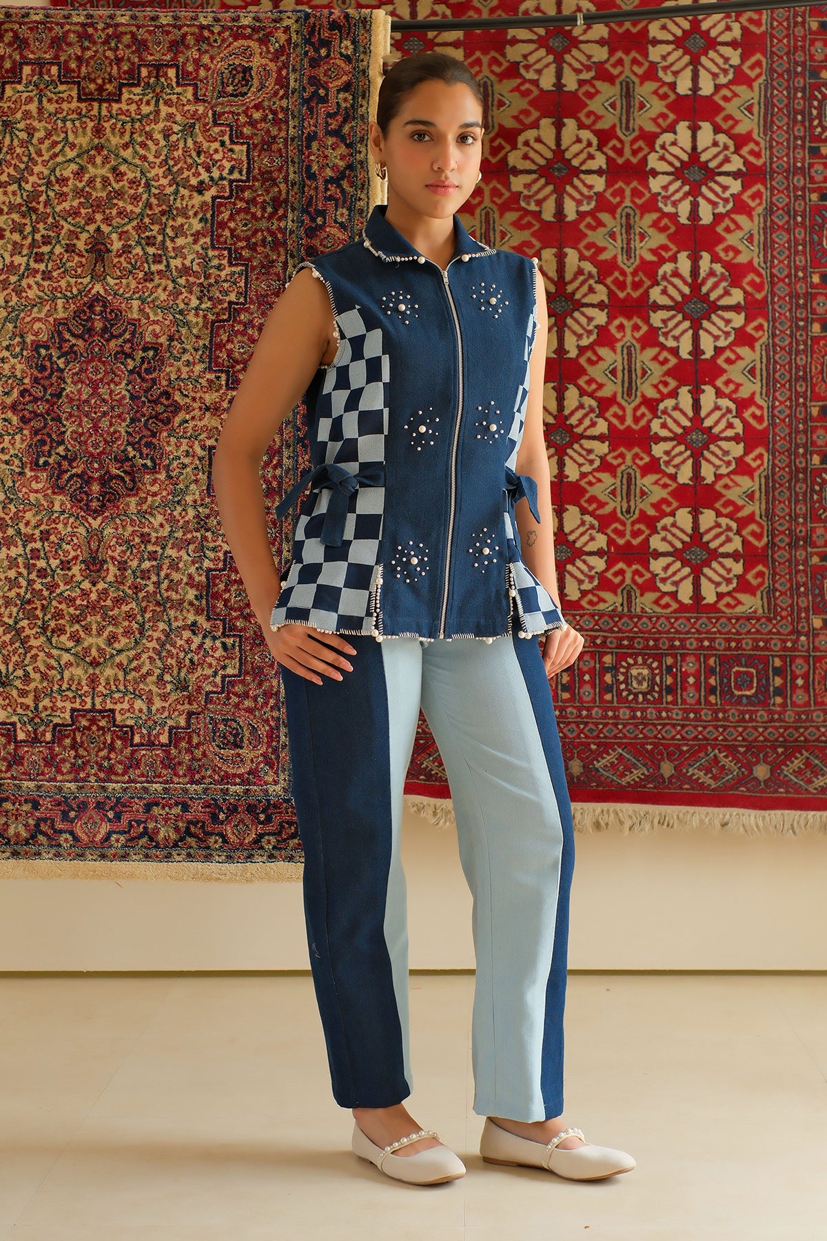 Navy Blue Checkered Denim Jacket